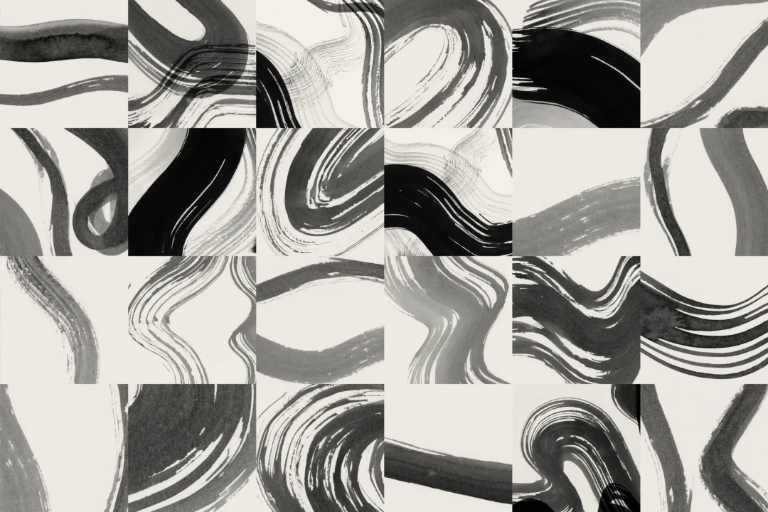 Black Tiled Abstract Ink Shapes Mural