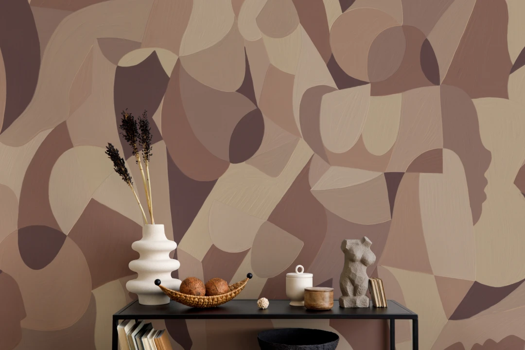 Cubist Human Form Abstract Mural In Earthy Browns