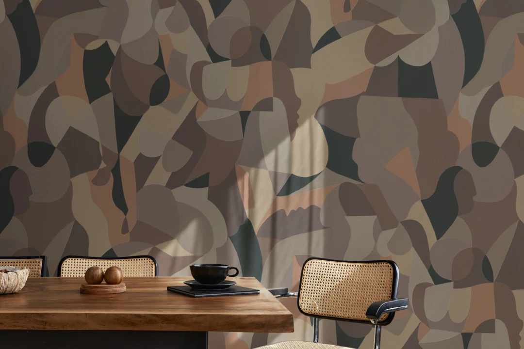 Cubist Human Form Abstract Mural in Taupe and Grey
