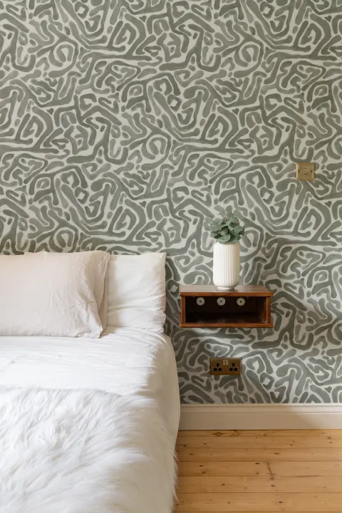 Hand-Painted Organic Maze Wallpaper in Moss Green