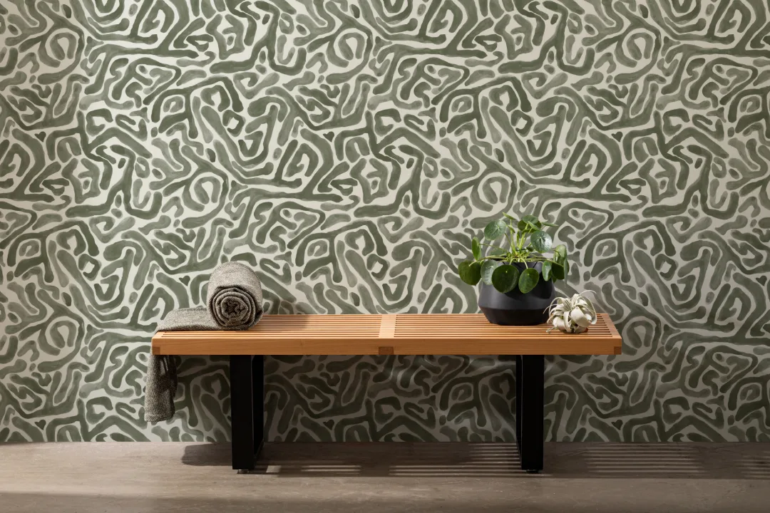 Papel pintado ecológico Laberinto verde musgo pintado a mano