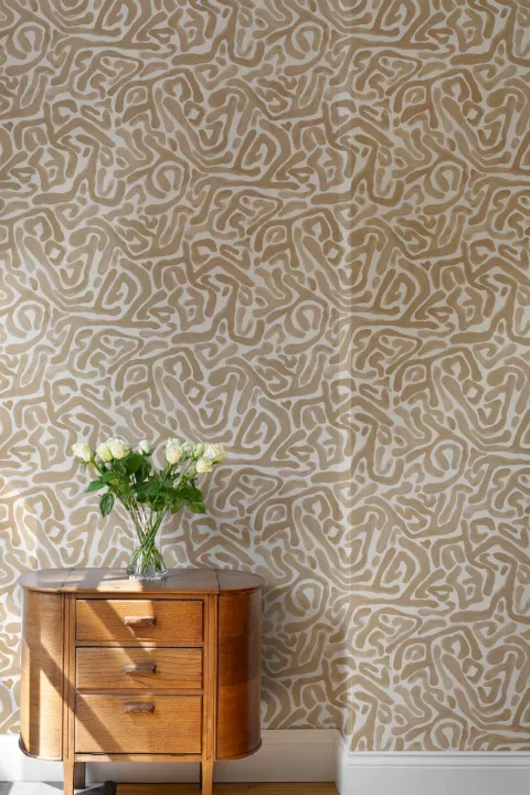 Hand-Painted Organic Maze Pattern Wallpaper in Mustard