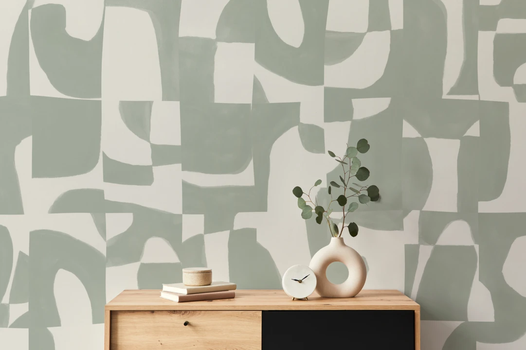 Modern Sage Abstract Mural-tapeter med handskurna former och texturerad effekt