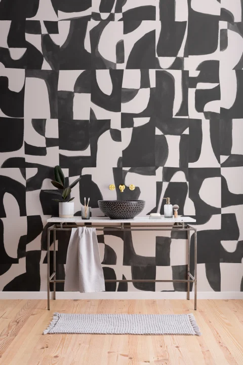Modern Black Abstract Wall Mural with Hand-Cut Shapes and Textured Effect