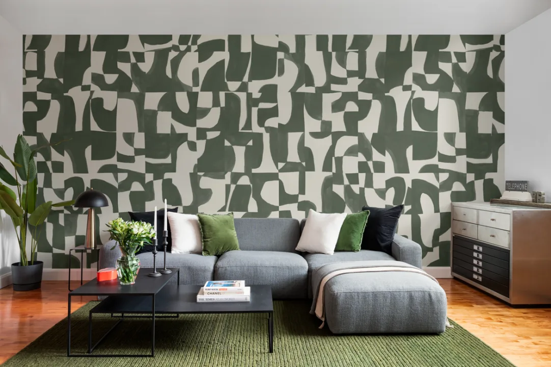 Modern Moss Abstract Wall Mural with Hand-Cut Shapes and Textured Effect