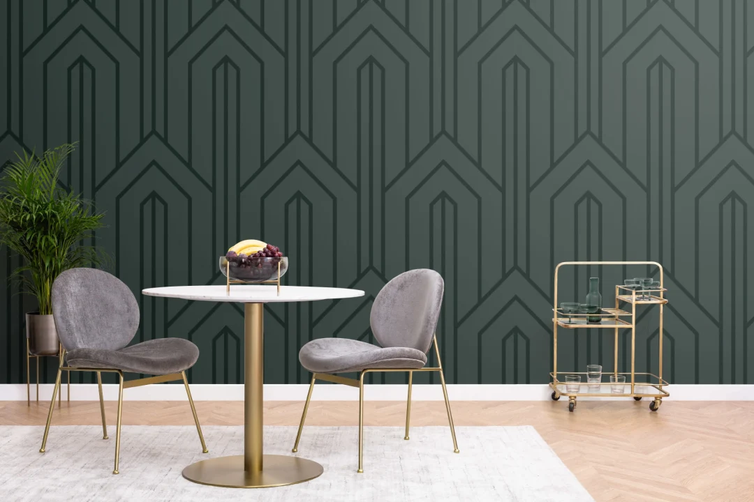 Papier Peint Panoramique Vert Foncé Art Déco aux Lignes Géométriques Pointues
