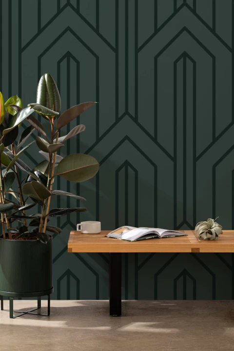 Carta da Parati Verde Scuro con Linee Geometriche a Punta Art Déco