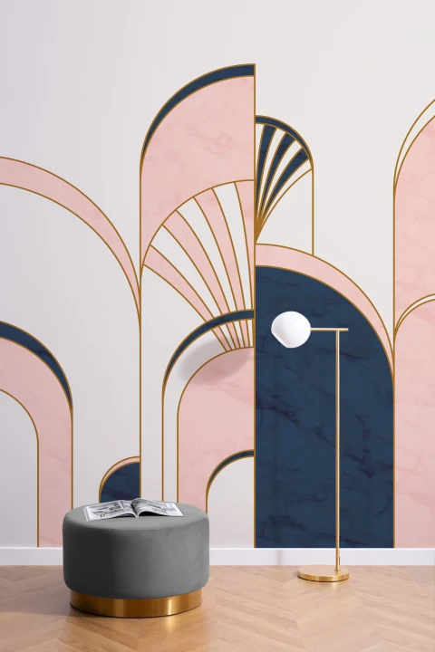 Carta da Parati in Stile Art Déco con Archi Rosa e Blu