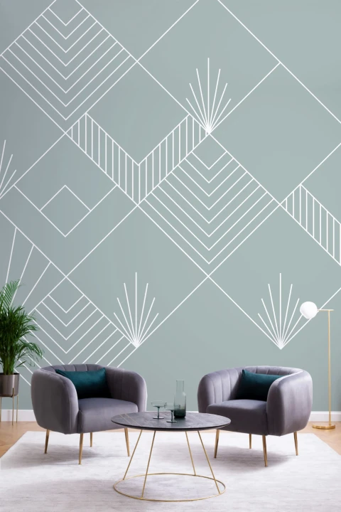 Carta da Parati Blu Chiaro con Linee e Raggi Art Déco