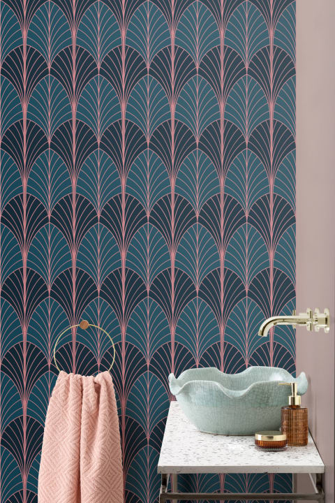 Papier Peint Bleu aux Feuilles de Palmier Art Déco