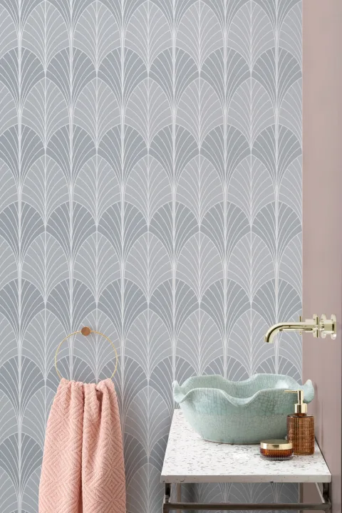 Gray Art Deco Palm Leaf Repeat Pattern Wallpaper