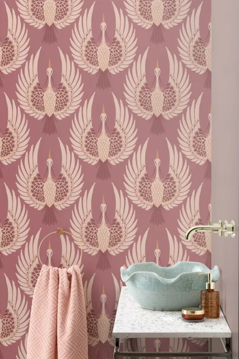 Pink Art Deco Crane Repeat Pattern Wallpaper