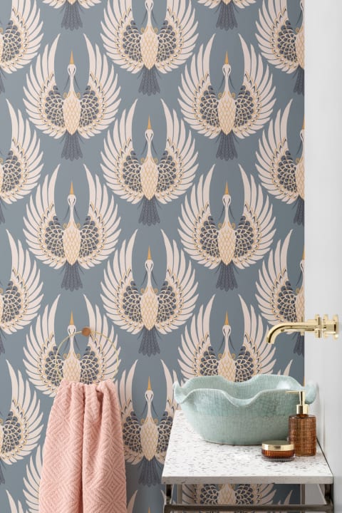 Blå art deco kran med gentaget mønster Tapet