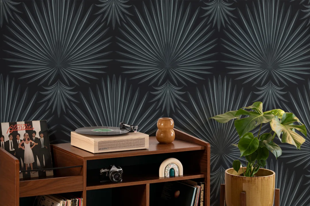 Black Art Deco Tropical Leaf Repeat Print Wallpaper Mural