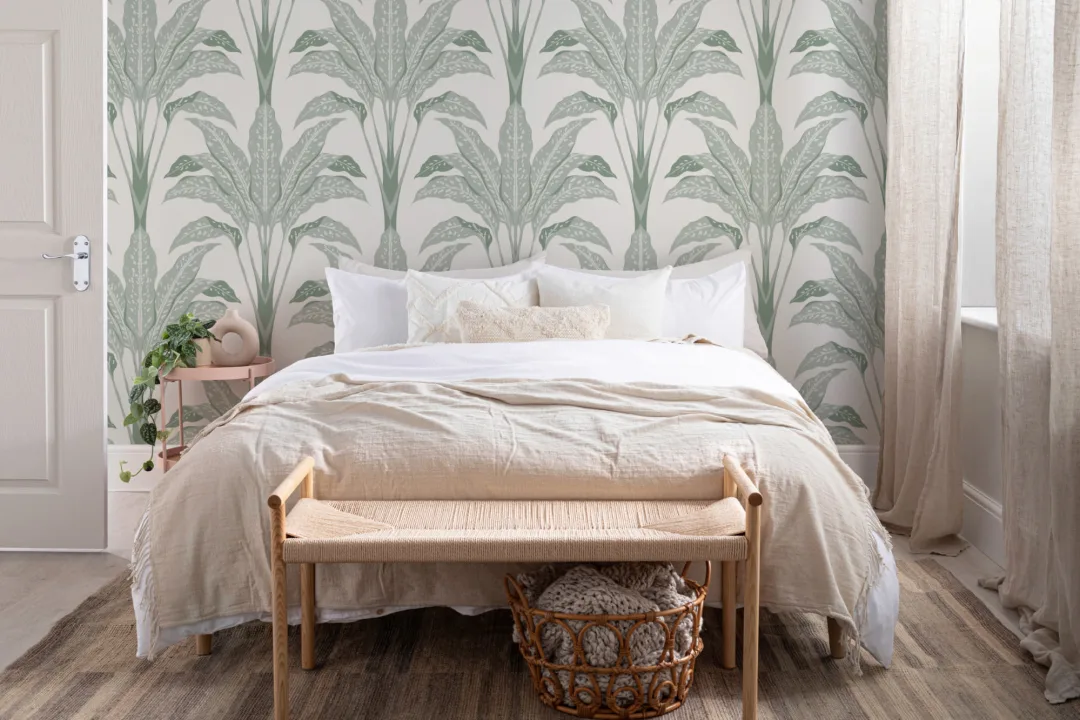 Cream Art Deco Large Tropical Leaves Wallpaper Mural