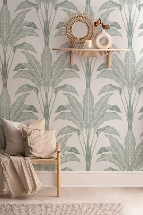 Papel Pintado Art Deco Crema con Planta Tropical