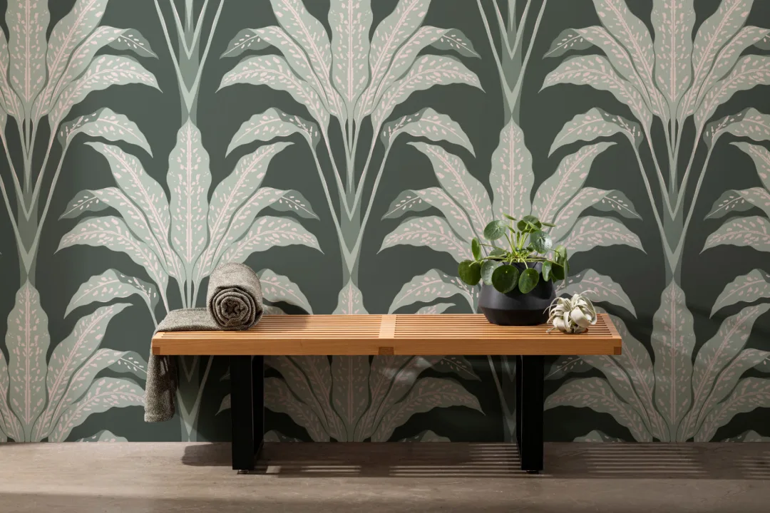 Panoramique art déco vert foncé avec plante tropicale