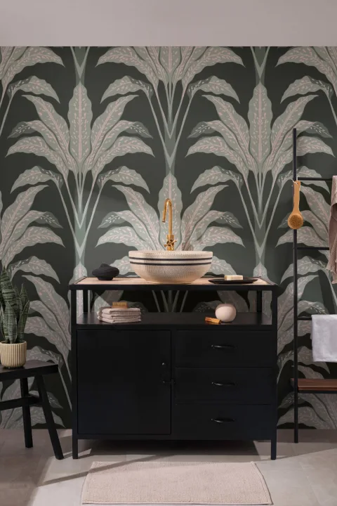 Papel Pintado Art Deco Verde Oscuro con Planta Tropical