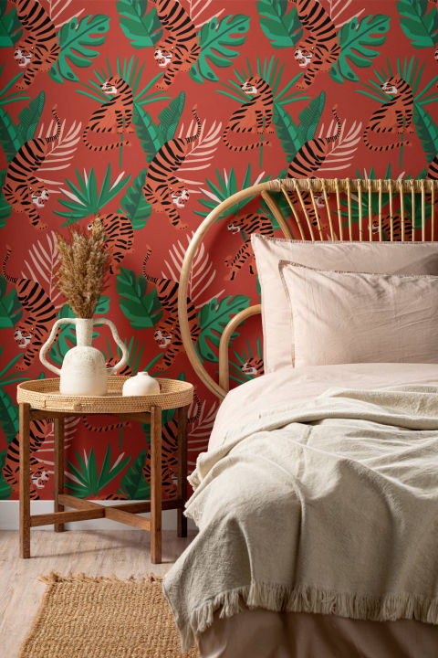 Wild Tiger Big Cat Tropical Leaves Repeat Pattern Wallpaper