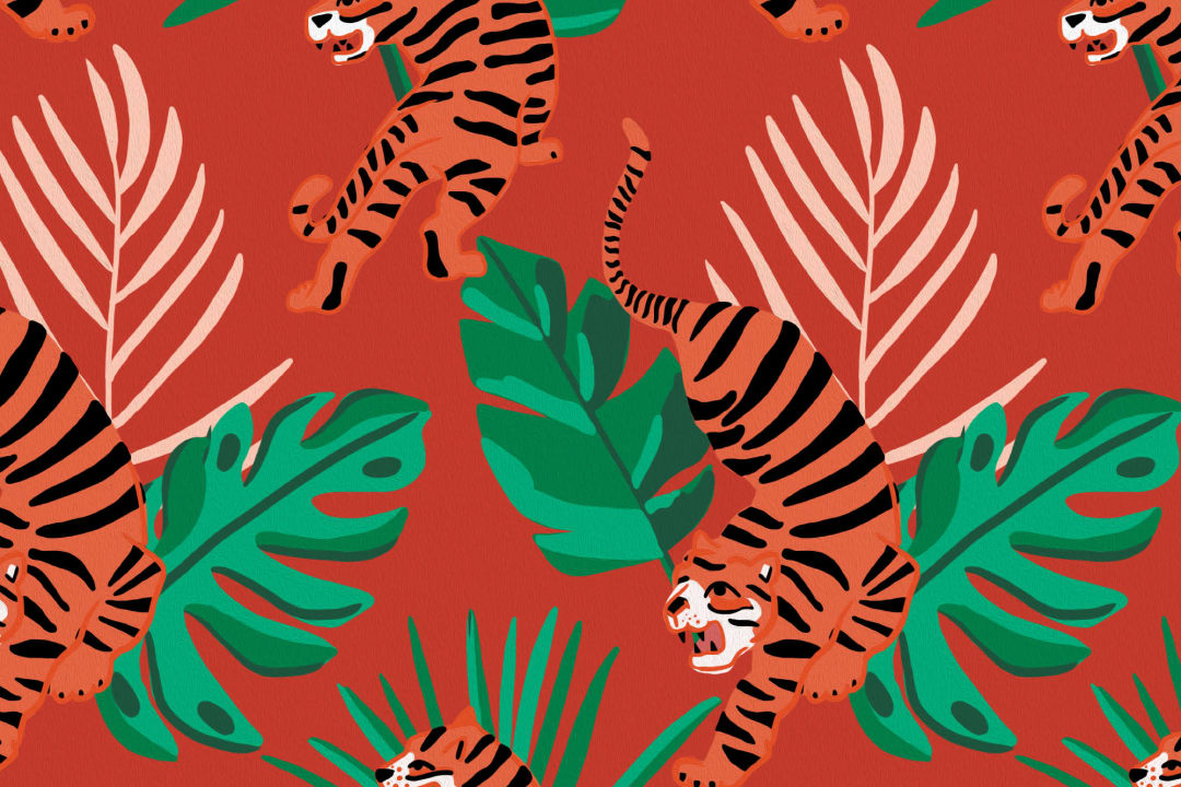Wild Tiger Big Cat Tropical Leaves Repeat Pattern Wallpaper