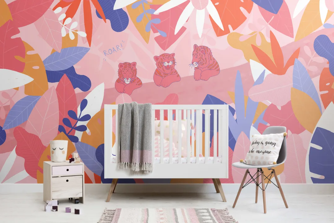 Colorful Tiger Cub Jungle Leaf Wallpaper Mural
