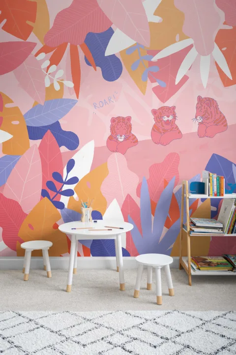 Colorful Tiger Cub Jungle Leaf Wallpaper Mural