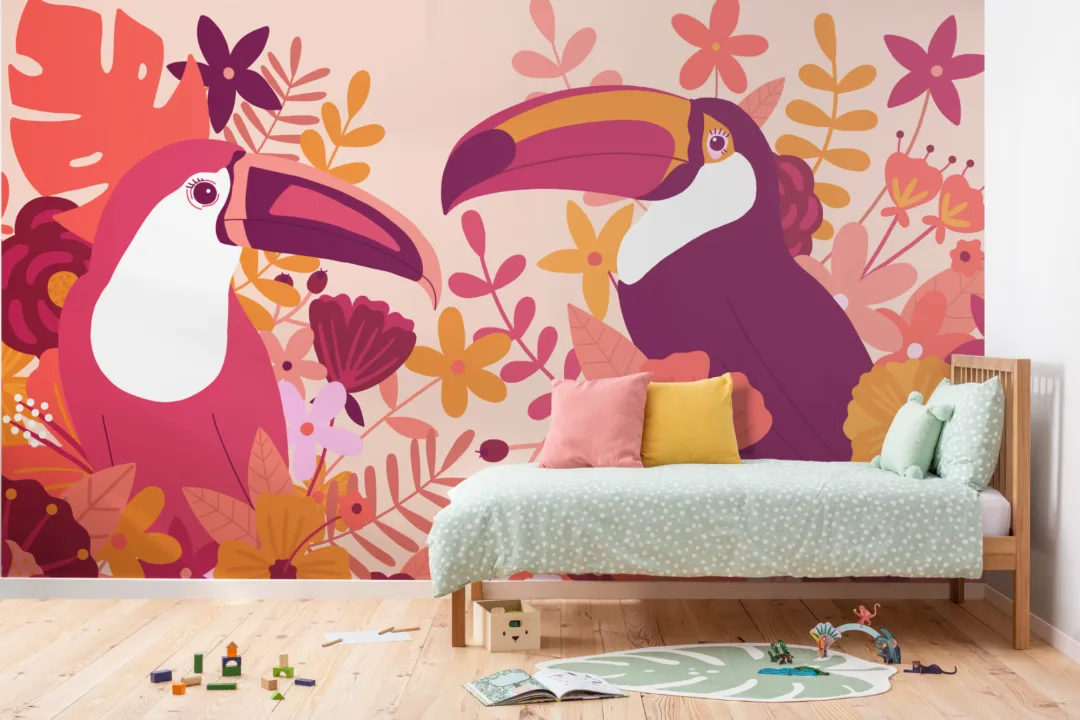 Pink Illustrated Toucan Bird Wallpaper Mural