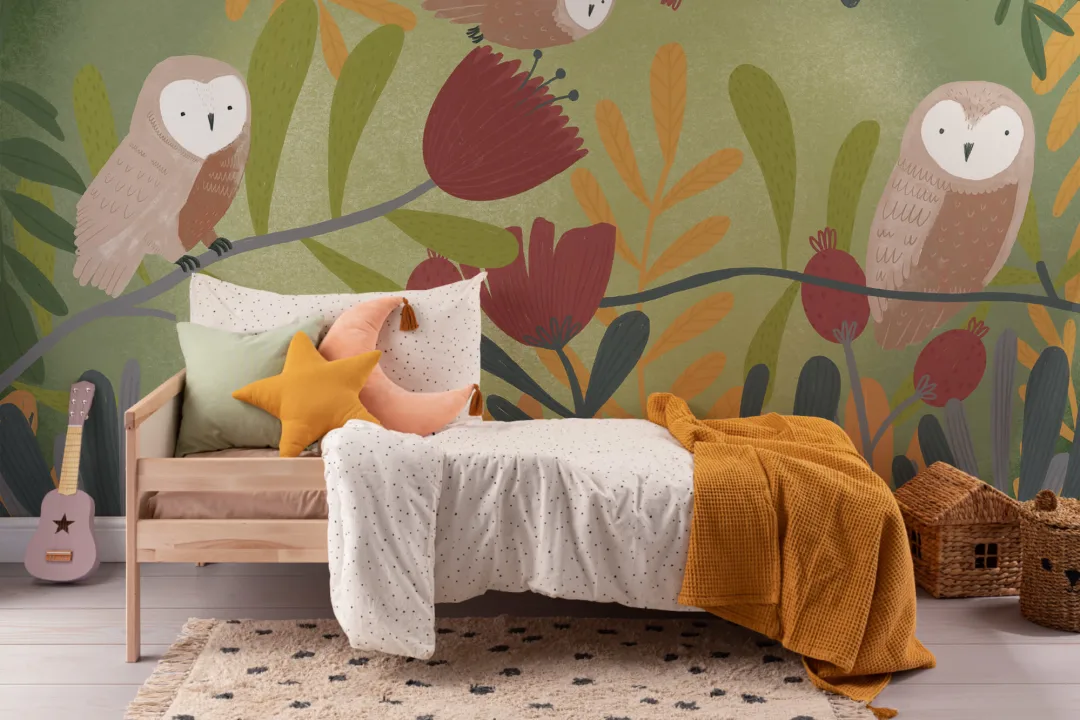Colorat creion schiță bufniță și flori tapet Mural