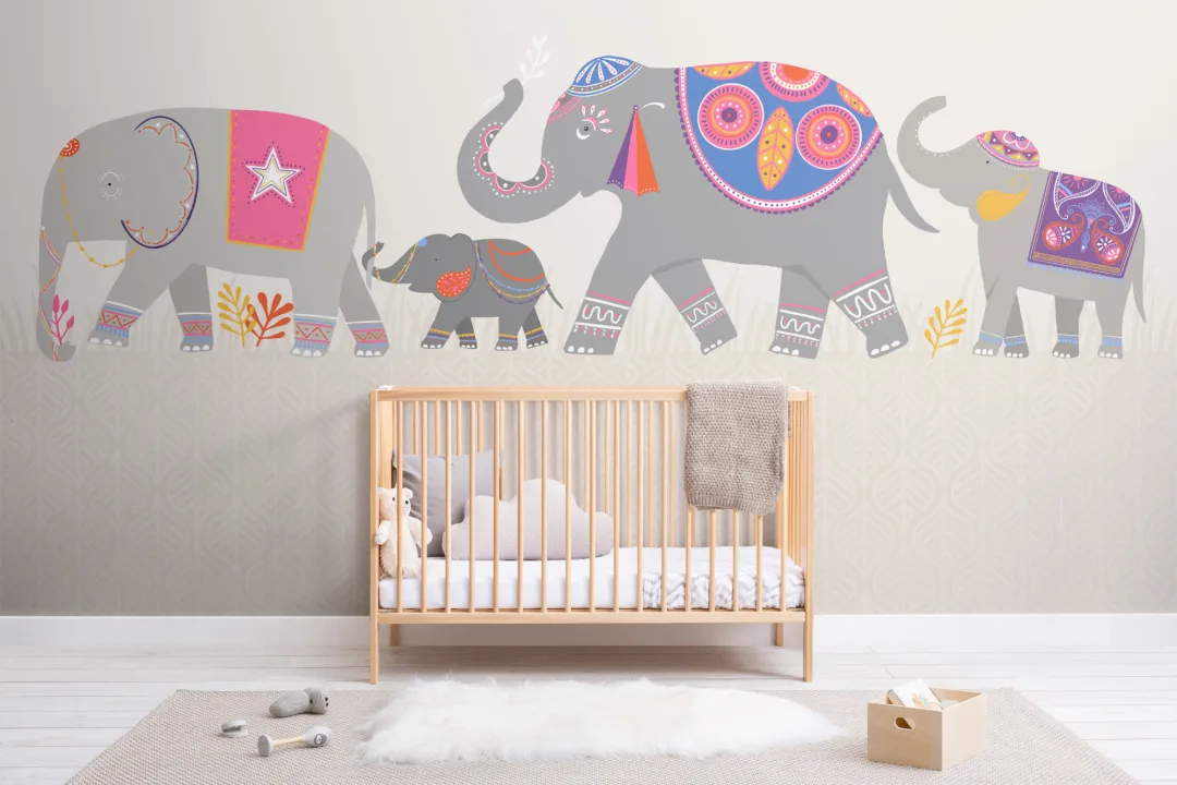 Mural Papel Pintado Infantil Animales con Elefantes Indios Coloridos