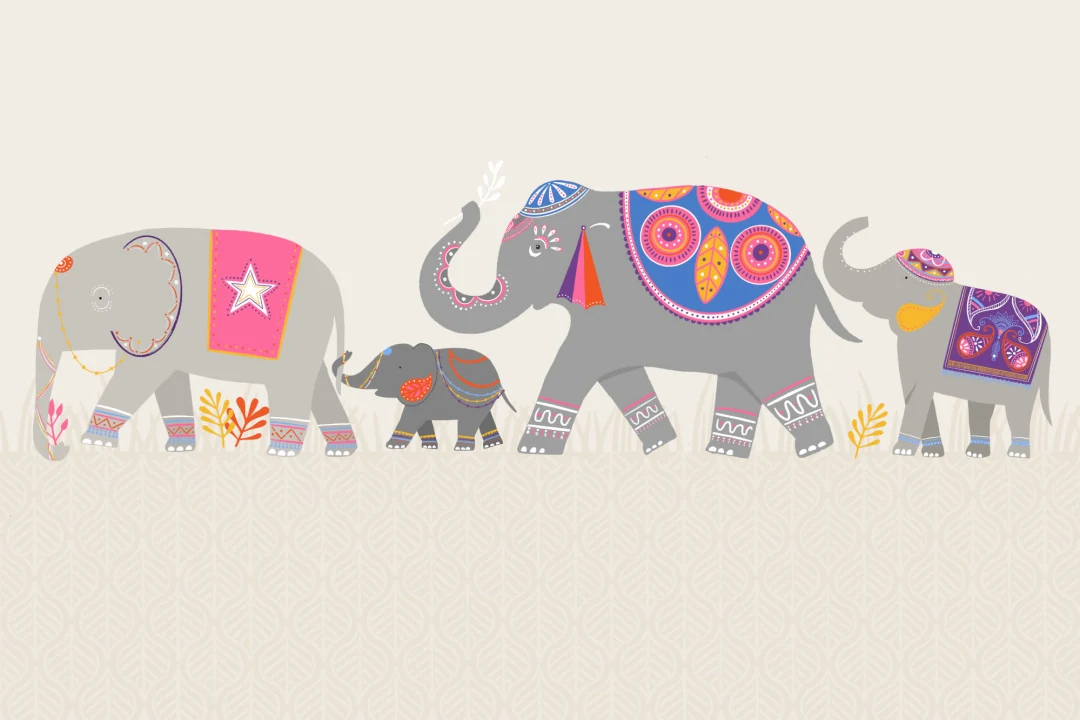 Mural Papel Pintado Infantil Animales con Elefantes Indios Coloridos