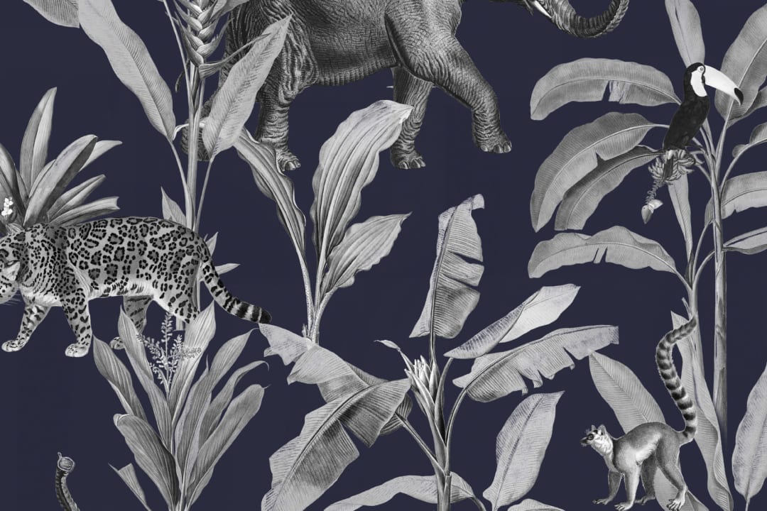 Papier Peint Bleu Marine à Motifs d’Animaux de la Jungle Illustrés