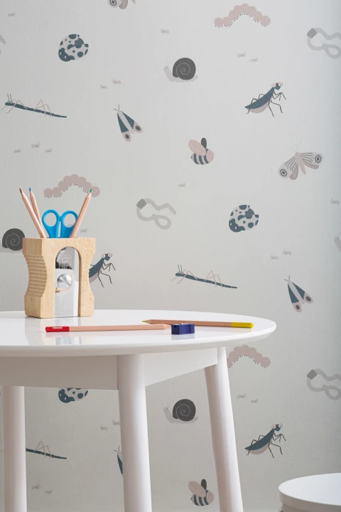 Papel Pintado para Niños con Motivo de Insectos en Tonos Grises y Azules