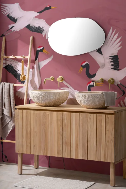 Mural Papel Pintado Estilo Oriental con Grullas Japonesas sobre Fondo Rosa Marmoleado