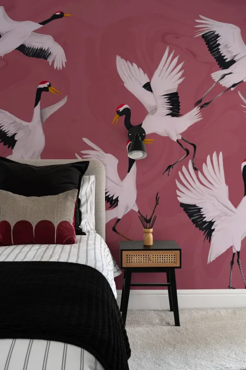 Flying Japanese Cranes Pink Painted Wallpaper Mural