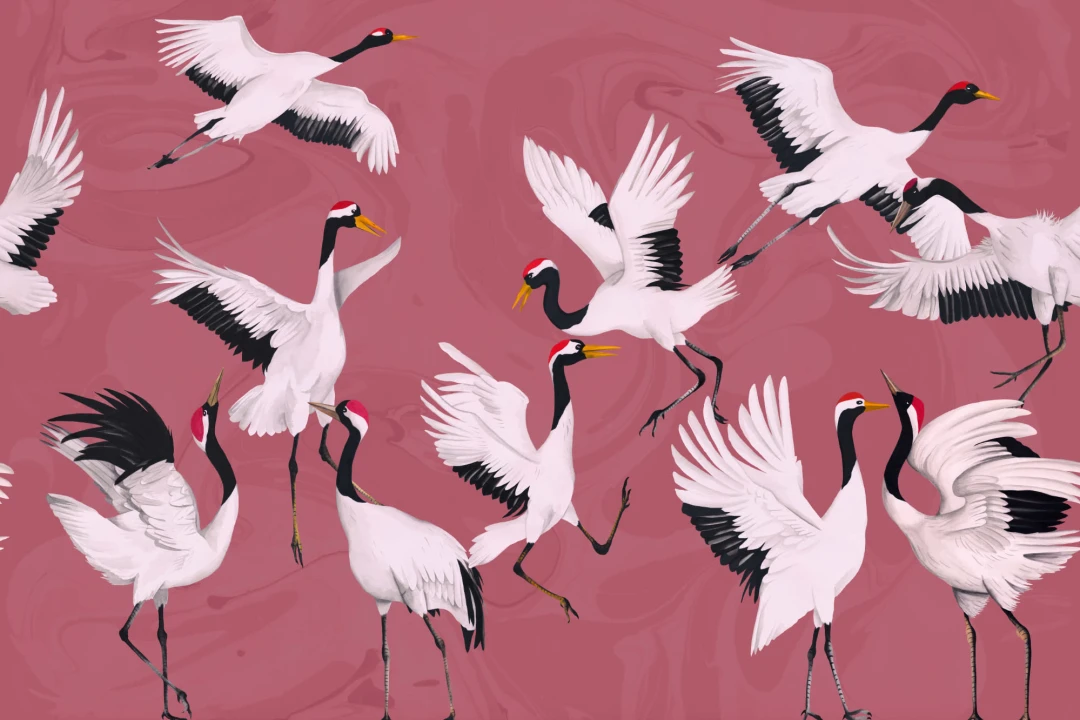 Flying Japanese Cranes Pink Painted Wallpaper Mural
