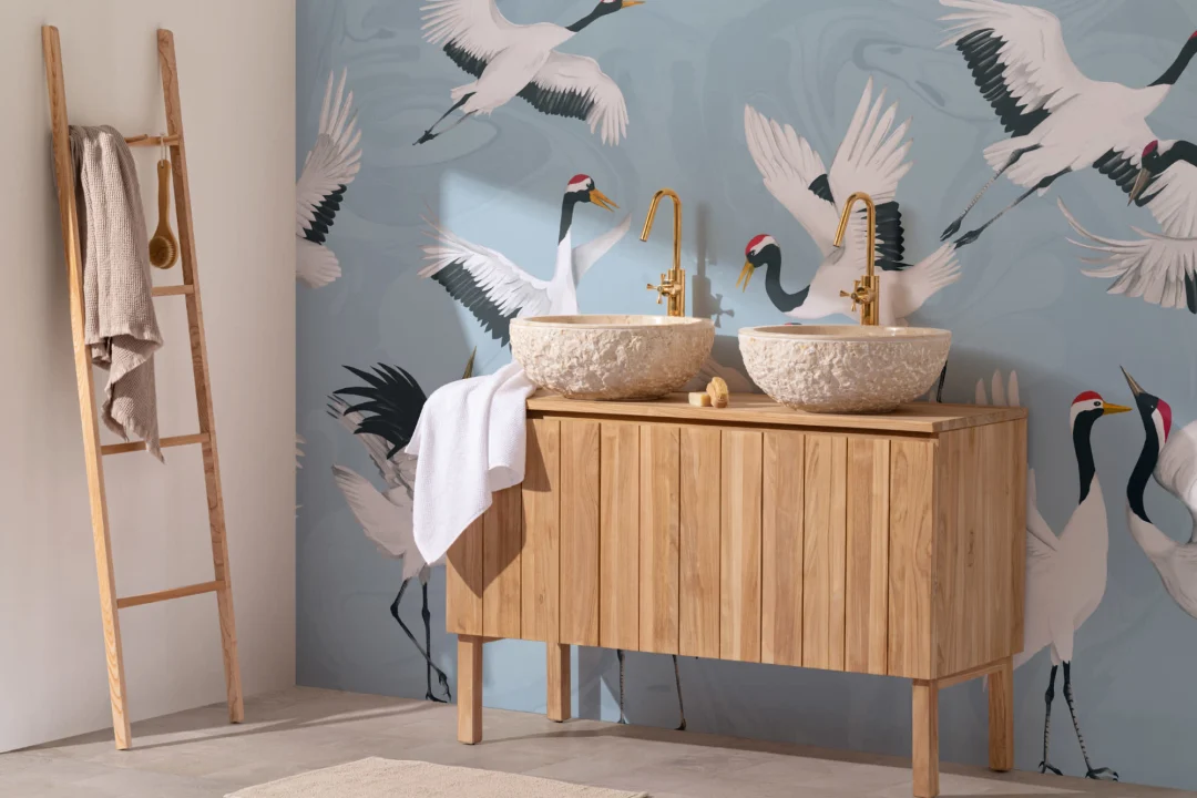 Flying japoneză Cranes albastru pictat Wallpaper Mural