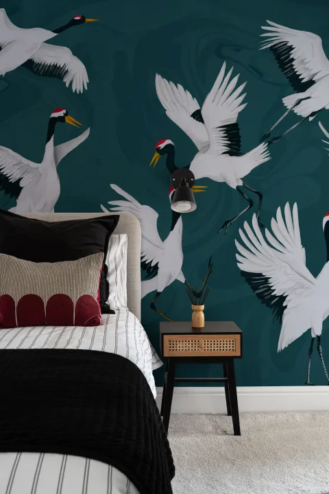 Papier Peint Panoramique Bleu Canard Grues Japonaises