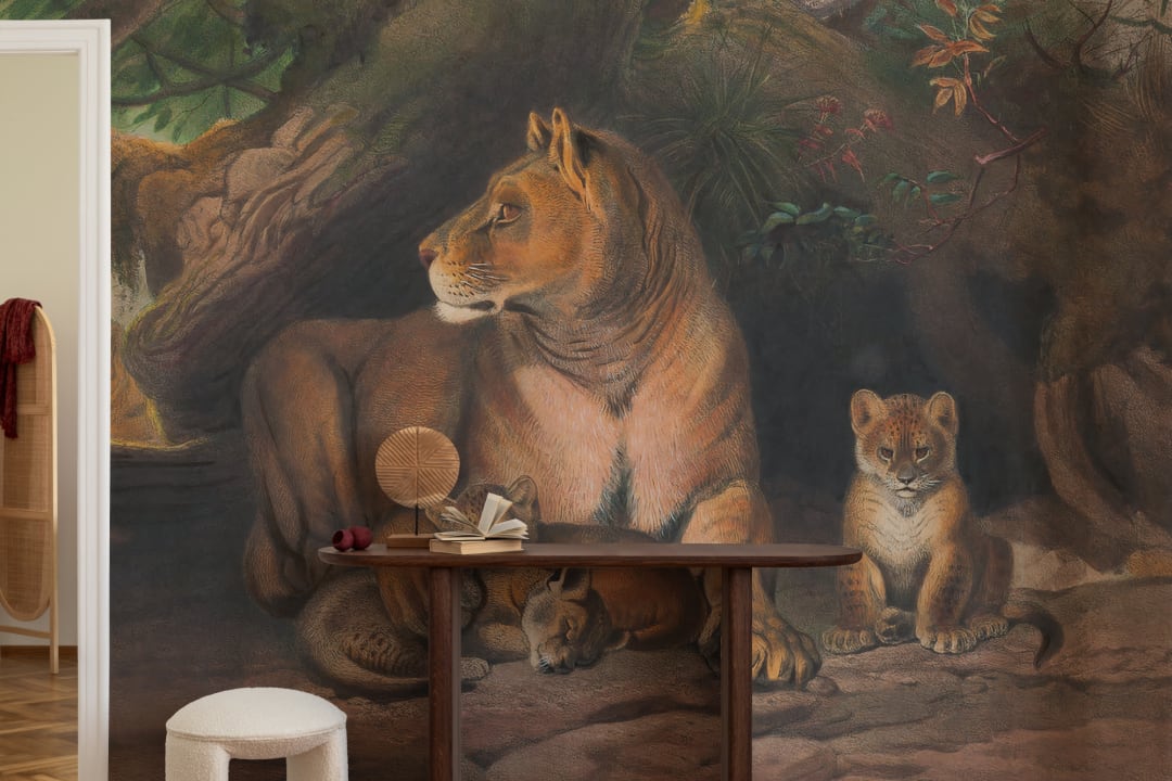 Mural de papel pintado a mano con leones y cachorros de Panthera, por Joseph Wolf