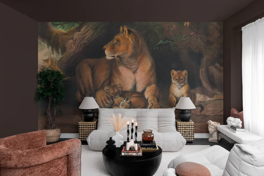 Ręcznie malowana fototapeta Panthera z lwami i młodymi autorstwa Josepha Wolfa
