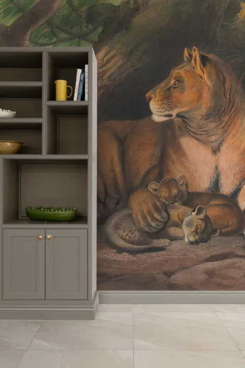 Håndmalt Panthera fototapet med løver og unger av Joseph Wolf