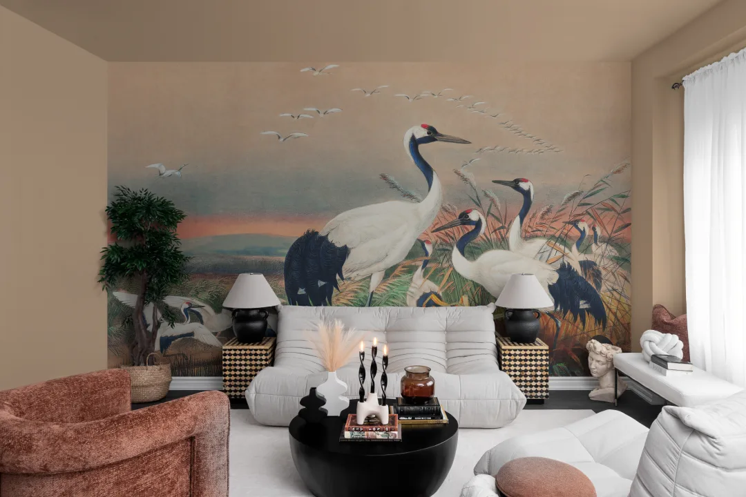 Hand-Painted Cranes in Wetlands Wall Mural by Joseph Wolf