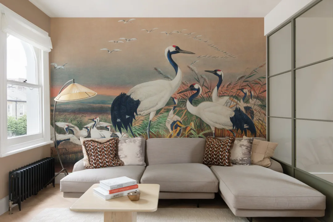 Mural de papel pintado a mano Cranes in Wetlands, de Joseph Wolf