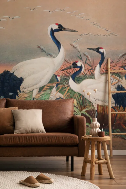 Carta da parati Cranes in Wetlands dipinta a mano da Joseph Wolf