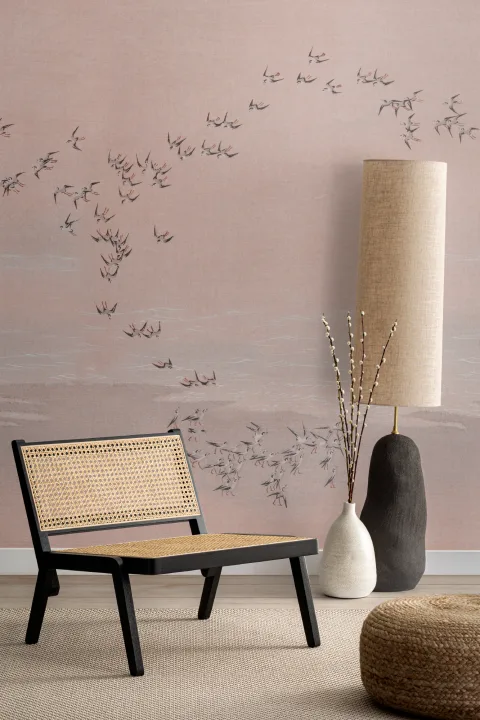 Pink Bird Flock Scenic Landscape Pastel Mural