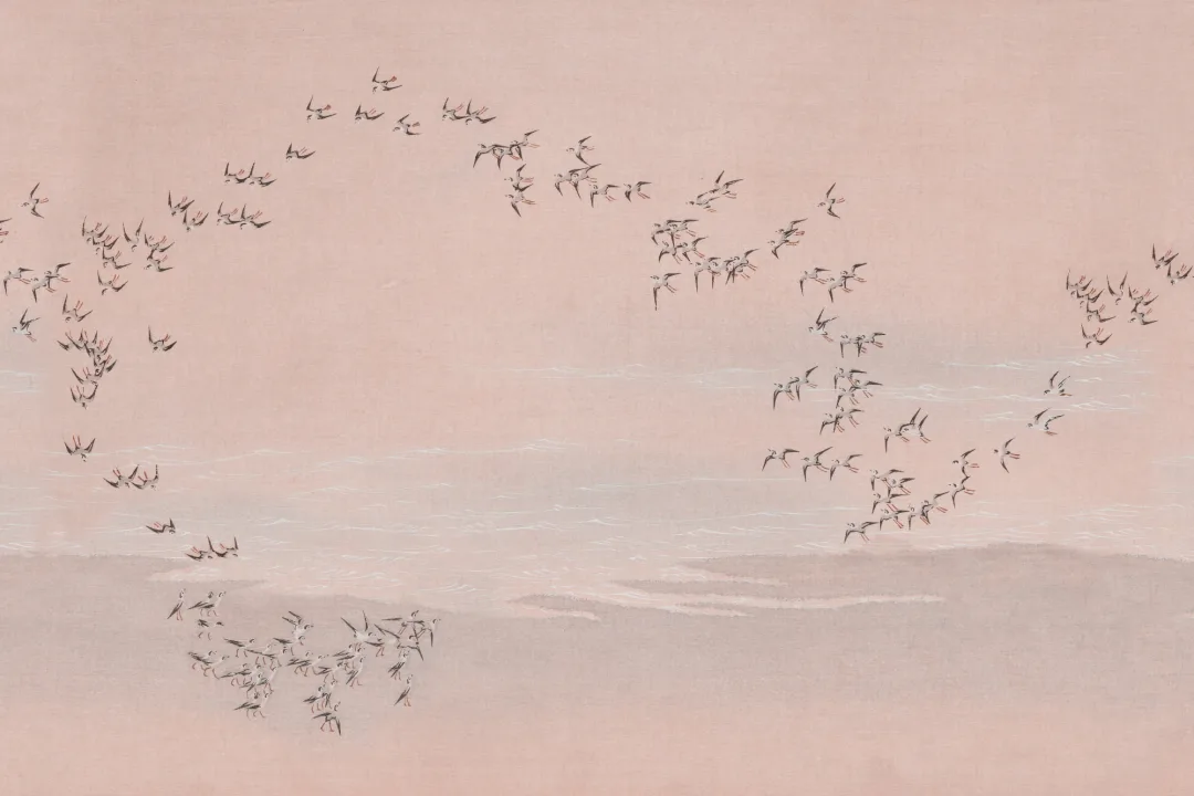 Pink Bird Flock Scenic Landscape Pastel Mural