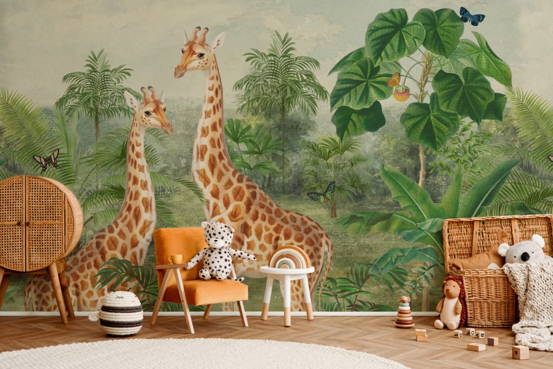 Vintage Tropical Giraffe Illustration Mural