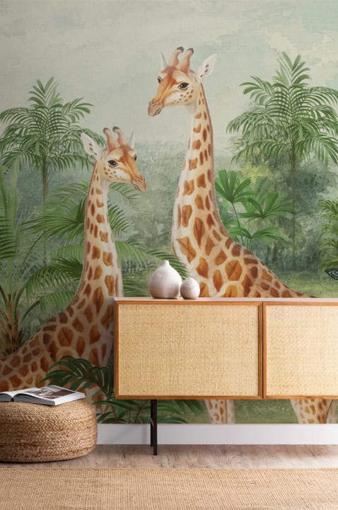 Mural con ilustración de jirafa tropical vintage
