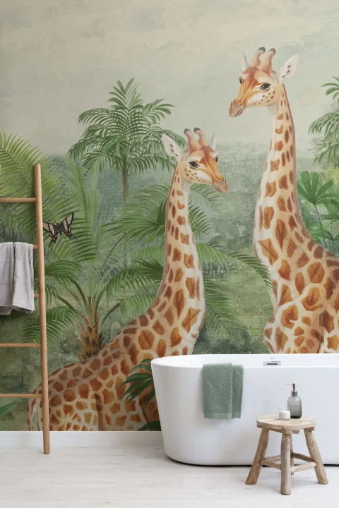 Mural ilustrativ cu girafe tropicale de epocă