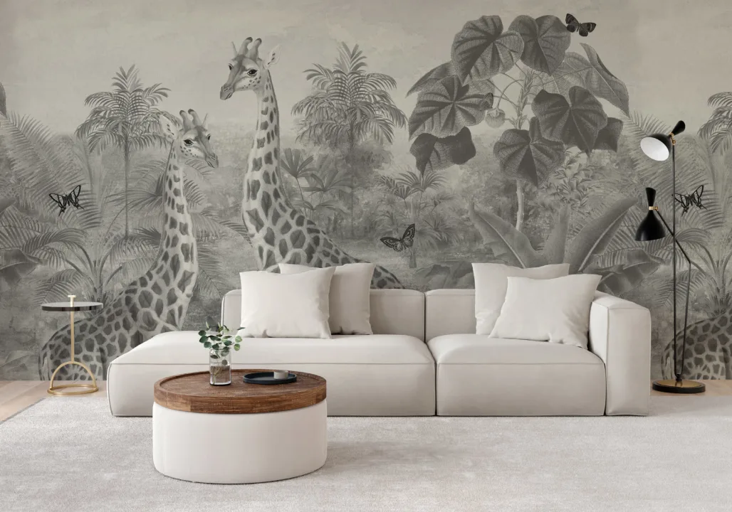 Murală cu ilustrație cu girafe tropicale de epocă gri