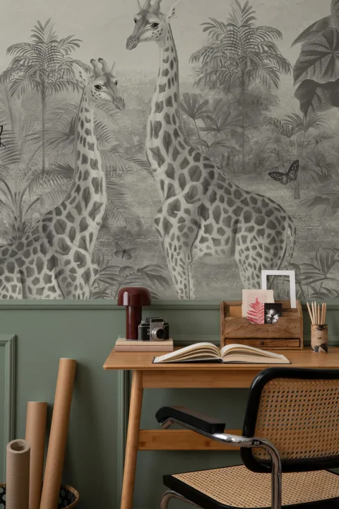 Illustrazione di giraffa tropicale vintage grigia Murale